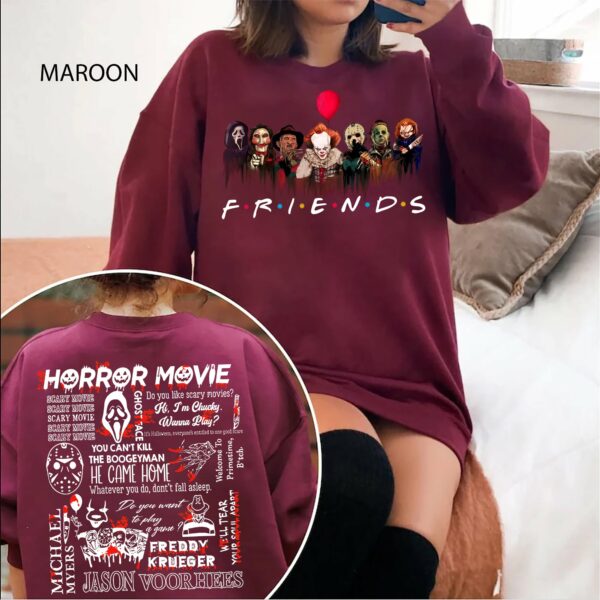 Horror F.r.i.e.n.d Characters Movie Double Sides Shirt Sweatshirt Hoodie, Pennywise Ghostface Chucky Michael Myers Friends Halloween Shirt